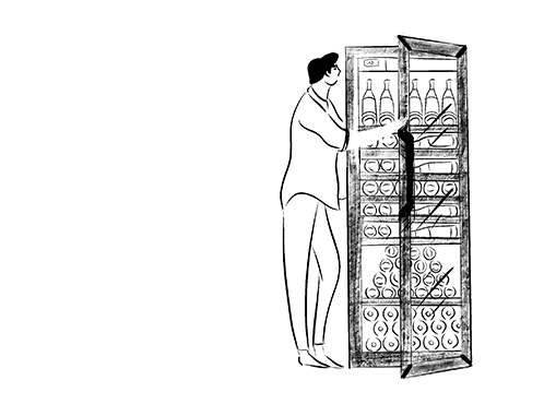Illustration d'un homme cherchant une bouteille dans une cave à vin Goguette