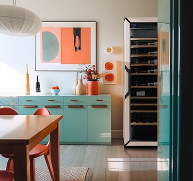 Une cuisine bleu turquoise et orange avec une cave à vin vitrée