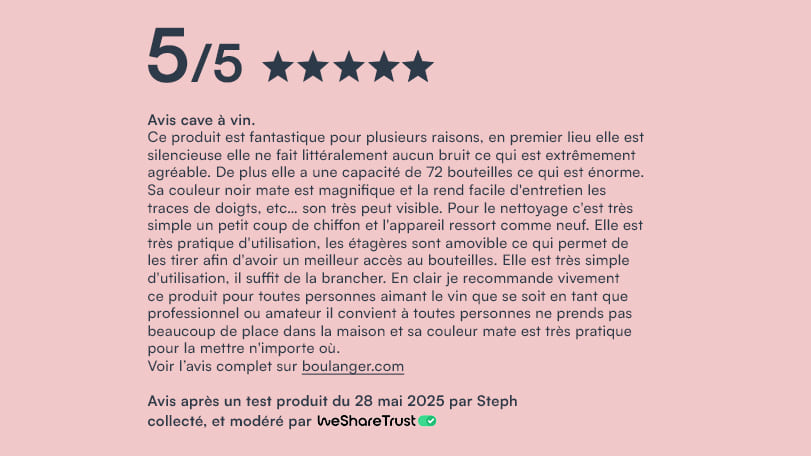 Avis testeur 5 étoiles sur 5 pour la cave à vin Goguette grand modèle porte pleine sur WeShareTrust