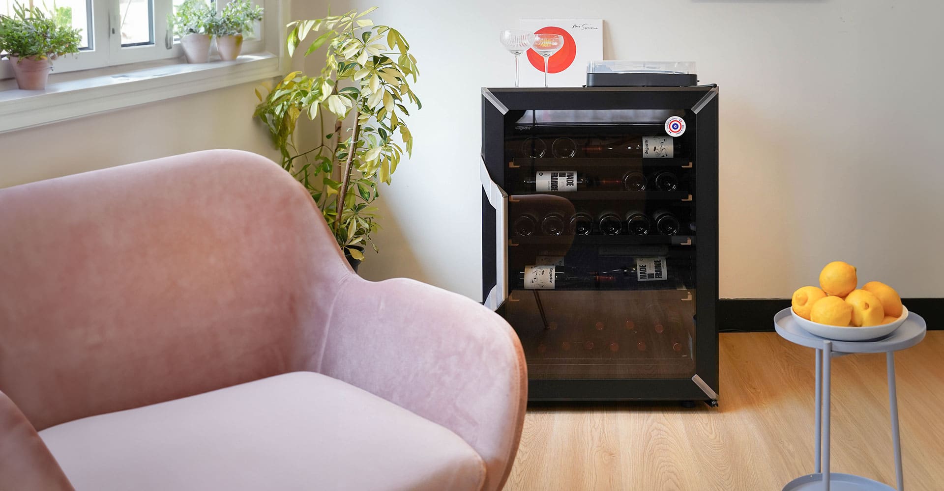 A stylish, high-performance wine fridge that fits seamlessly into any living room or apartment decor.