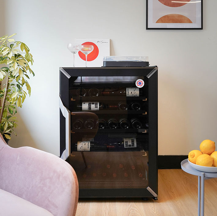 Wine fridge black design with decoration